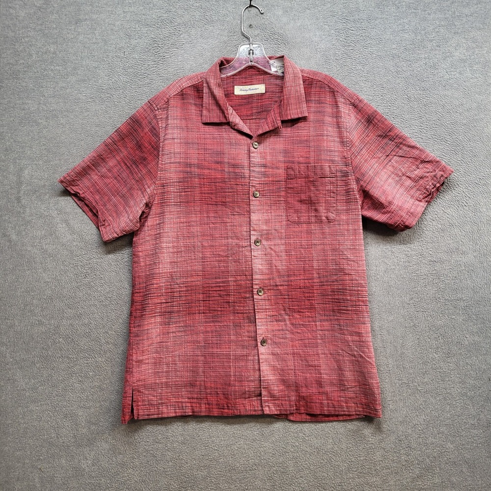 Tommy Bahama Men Button Up Shirt Large Red Hawaiian Silk Short Sleeve
